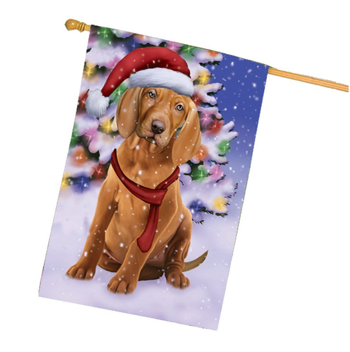 Winterland Wonderland Vizsla Puppy Dog In Christmas Holiday Scenic Background House Flag