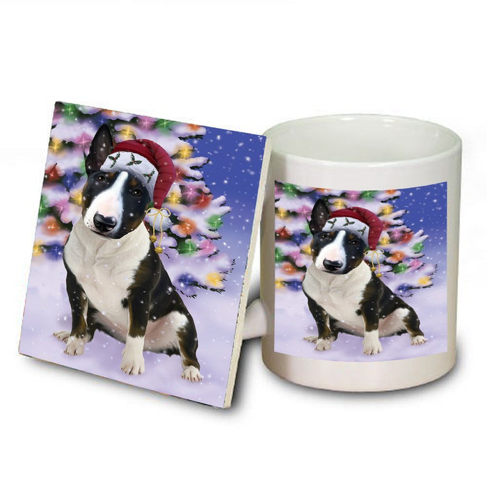 Winterland Wonderland Bull Terrier Dog In Christmas Holiday Scenic Background Mug and Coaster Set