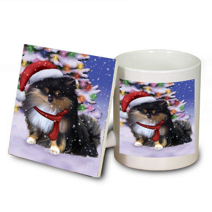 Winterland Wonderland Pomeranians Puppy Dog In Christmas Holiday Scenic Background Mug and Coaster Set