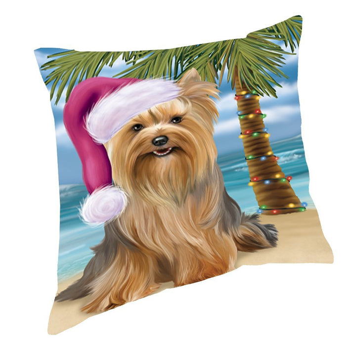 Summertime Happy Holidays Christmas Yorkshire Terriers Dog on Tropical Island Beach Throw Pillow