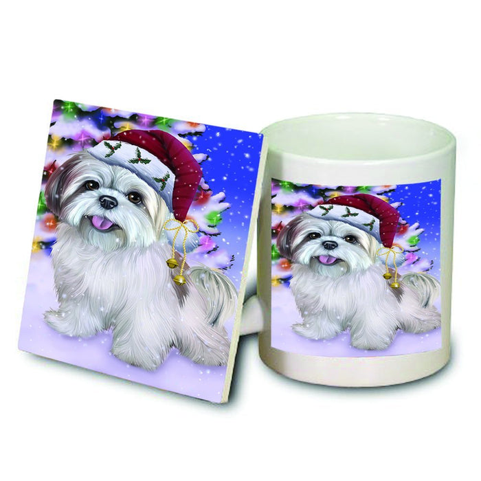 Winterland Wonderland Lhasa Apso Dog In Christmas Holiday Scenic Background Mug and Coaster Set