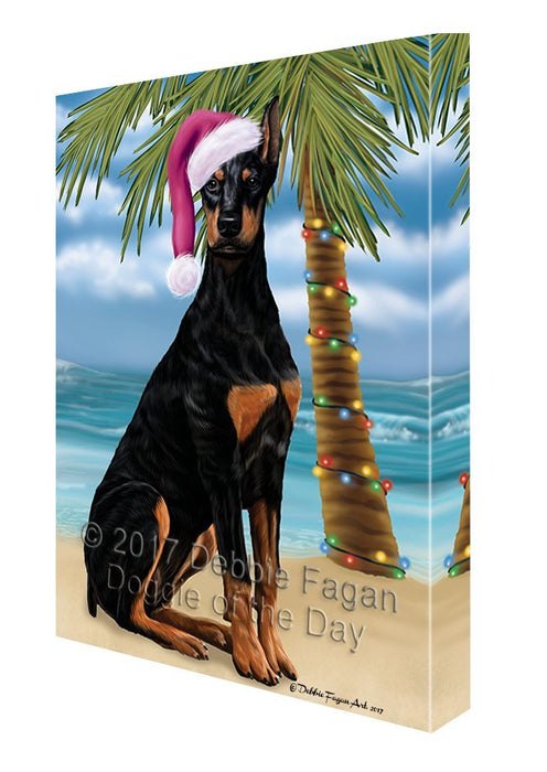 Summertime Happy Holidays Christmas Doberman Dog on Tropical Island Beach Canvas Wall Art