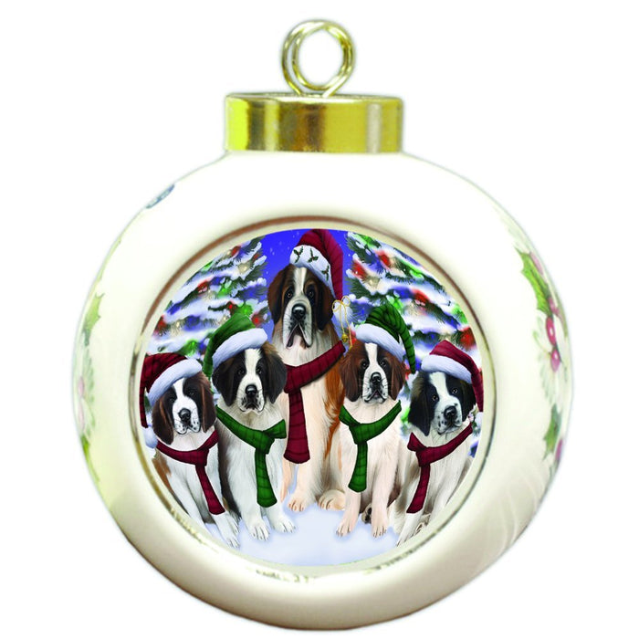Saint Bernard Dog Christmas Family Portrait in Holiday Scenic Background Round Ball Ornament D154