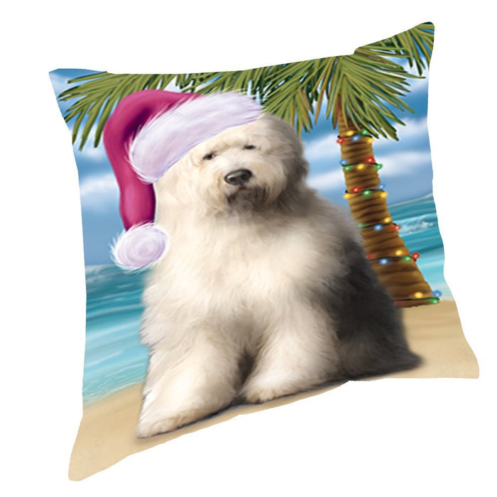 Summertime Christmas Happy Holidays Old English Sheepdog on Beach Throw Pillow PIL1520