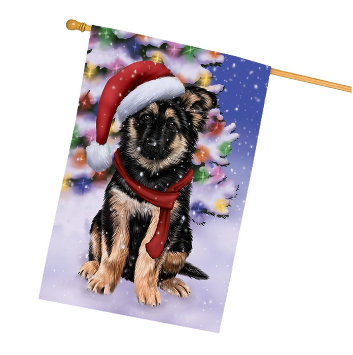 Winterland Wonderland German Shepherds Puppy Dog In Christmas Holiday Scenic Background House Flag