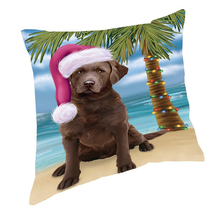 Summertime Christmas Happy Holidays Chesapeake Bay Retriever Adult Dog on Beach Throw Pillow PIL1464