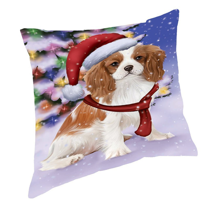 Winterland Wonderland Cavalier King Charles Spaniel Puppy Dog In Christmas Holiday Scenic Background Throw Pillow