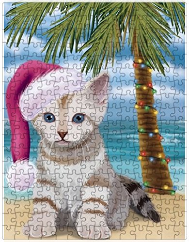 Summertime Happy Holidays Christmas Bengal Cat on Tropical Island Beach Puzzle with Photo Tin