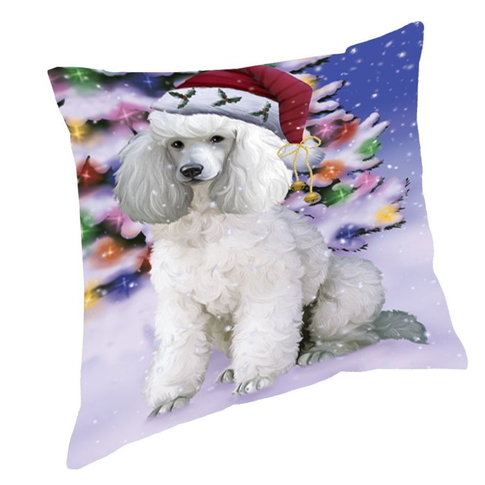 Winterland Wonderland Poodles Dog In Christmas Holiday Scenic Background Throw Pillow
