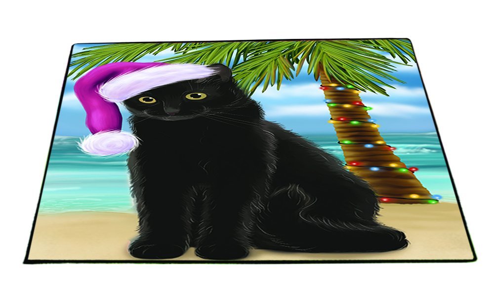 Summertime Happy Holidays Christmas Black Cat on Tropical Island Beach Indoor/Outdoor Floormat