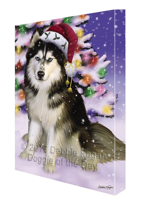 Winterland Wonderland Siberian Huskies Adult Dog In Christmas Holiday Scenic Background Painting Printed on Canvas Wall Art