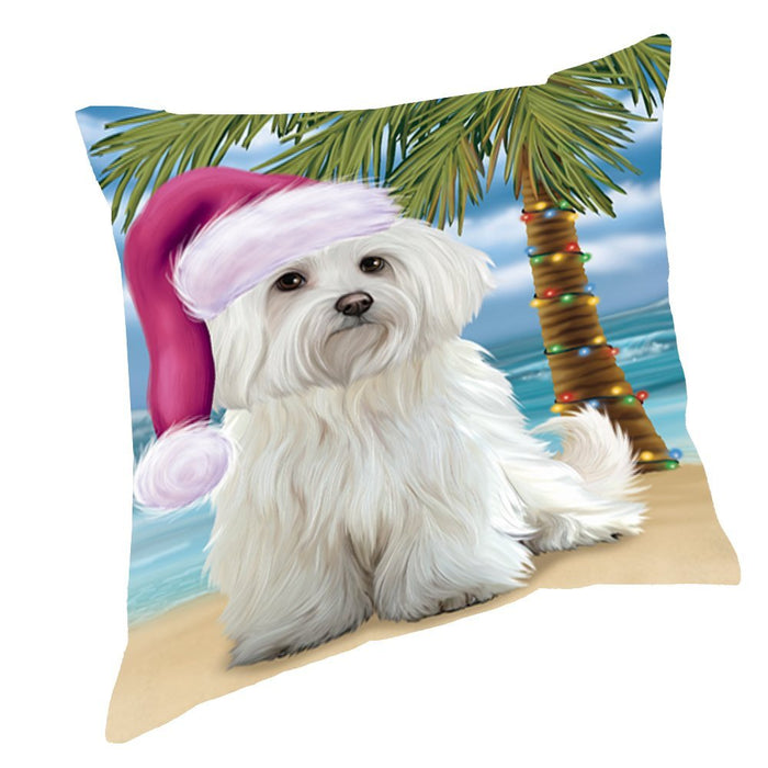 Summertime Happy Holidays Christmas Maltese Dog on Tropical Island Beach Throw Pillow