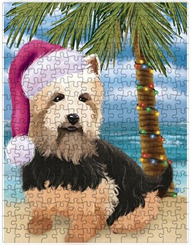 Summertime Happy Holidays Christmas Australian Terriers Dog on Tropical Island Beach Puzzle with Photo Tin
