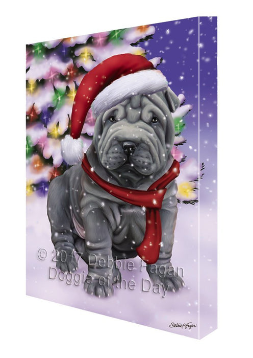 Winterland Wonderland Shar Pei Dog In Christmas Holiday Scenic Background Painting Printed on Canvas Wall Art