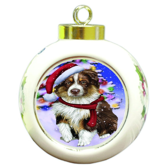 Winterland Wonderland Australian Shepherds Dog In Christmas Holiday Scenic Background Round Ball Ornament D544