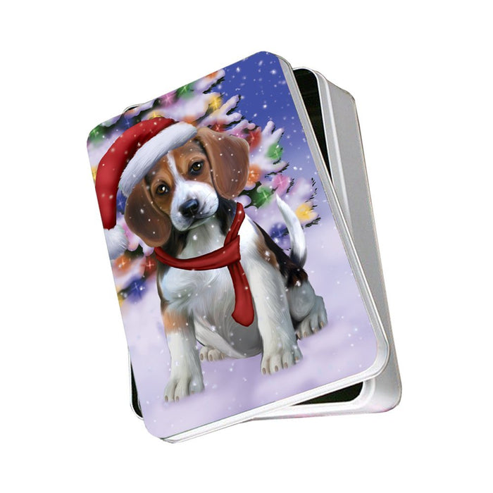 Winterland Wonderland Beagles Dog In Christmas Holiday Scenic Background Photo Storage Tin