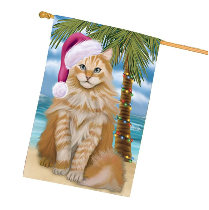 Summertime Christmas Happy Holidays Siberian Cat on Beach House Flag HFLG348