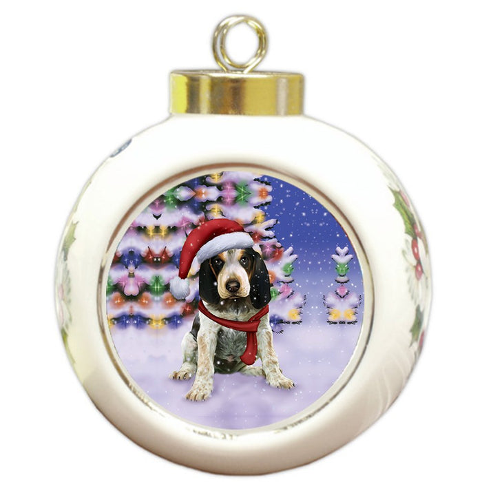 Winterland Wonderland Bluetick Coonhound Puppy Dog In Christmas Holiday Scenic Background Round Ball Ornament