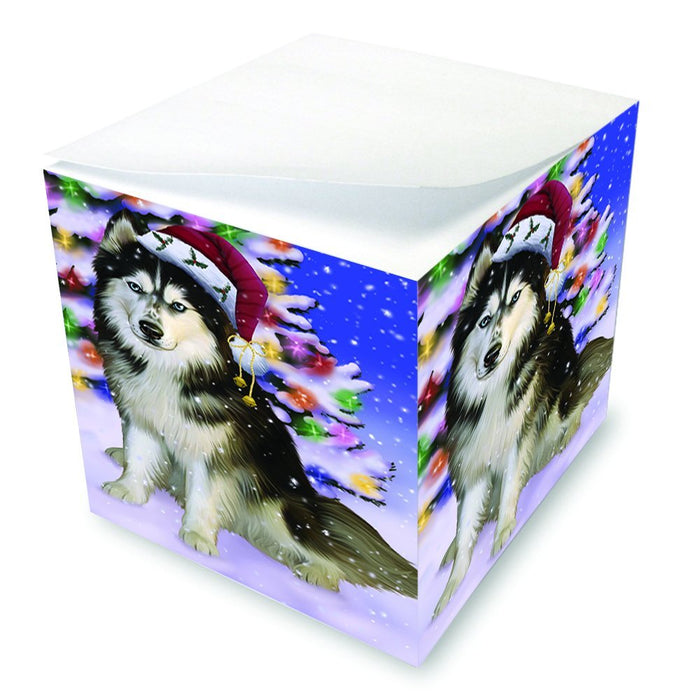 Winterland Wonderland Siberian Huskies Dog In Christmas Holiday Scenic Background Note Cube D680