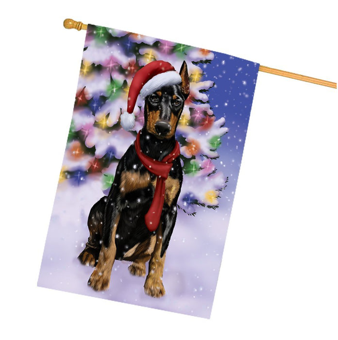Winterland Wonderland Doberman Dog In Christmas Holiday Scenic Background House Flag