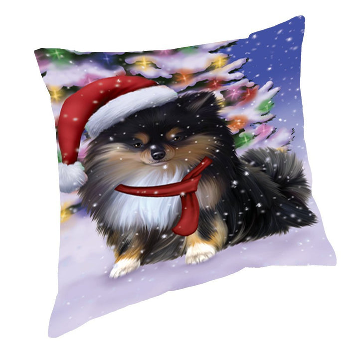 Winterland Wonderland Pomeranians Puppy Dog In Christmas Holiday Scenic Background Throw Pillow