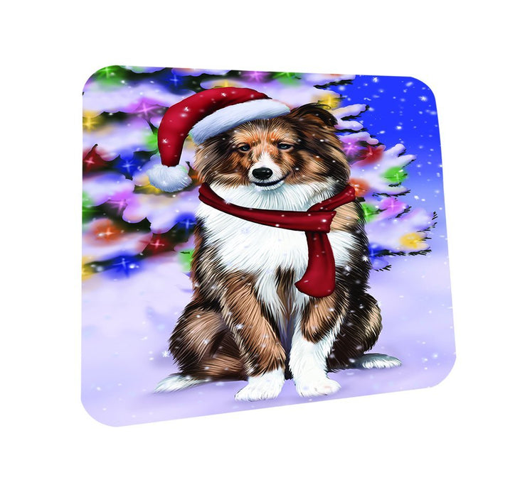 Winterland Wonderland Shetland Dog In Christmas Holiday Scenic Background Coasters Set of 4