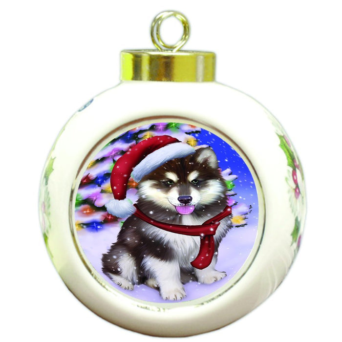 Winterland Wonderland Alaskan Malamute Dog In Christmas Holiday Scenic Background Round Ball Ornament D516