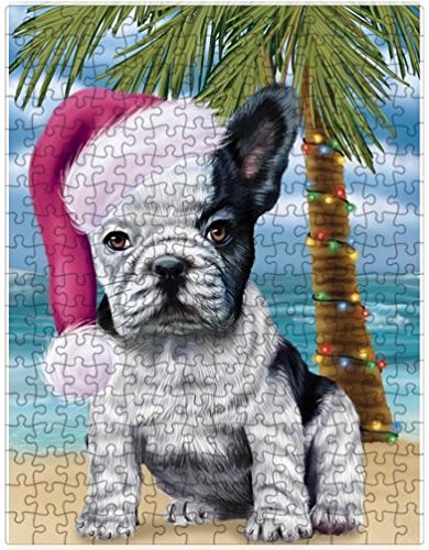 Summertime Happy Holidays Christmas French Bulldog Dog on Tropical Island Beach Puzzle with Photo Tin