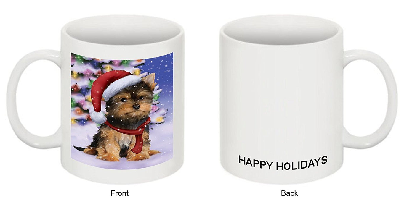 Winterland Wonderland Yorkshire Terriers Dog In Christmas Holiday Scenic Background Mug