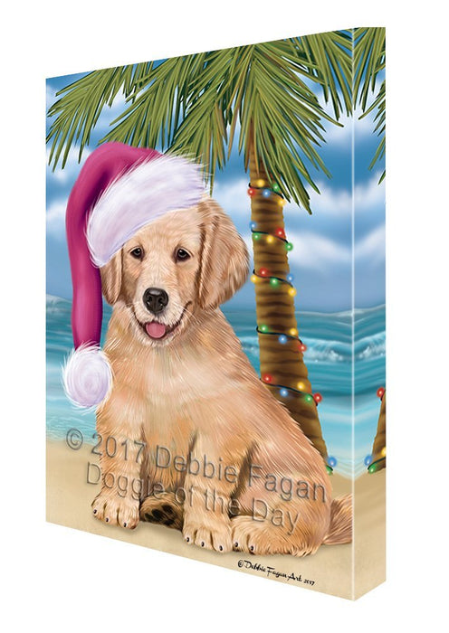 Summertime Happy Holidays Christmas Golden Retrievers Dog on Tropical Island Beach Canvas Wall Art