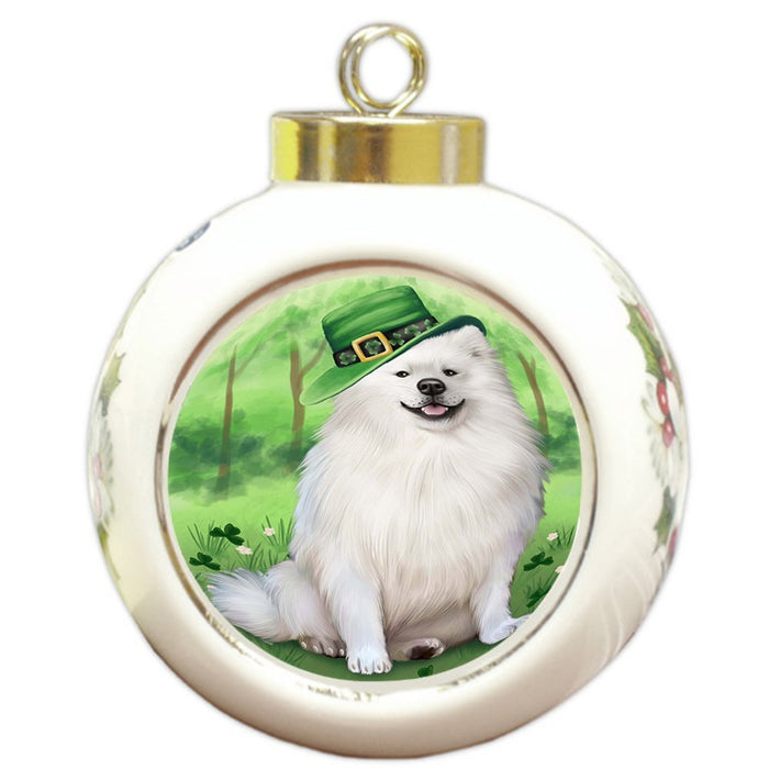 St. Patricks Day Irish Portrait American Eskimo Dog Round Ball Christmas Ornament RBPOR48450