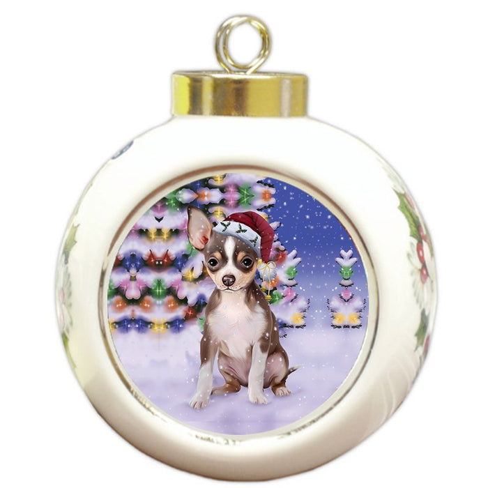 Winterland Wonderland Chihuahua Dog In Christmas Holiday Scenic Background Round Ball Ornament