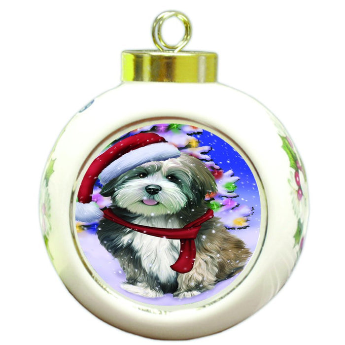 Winterland Wonderland Lhasa Apso Dog In Christmas Holiday Scenic Background Round Ball Ornament D530