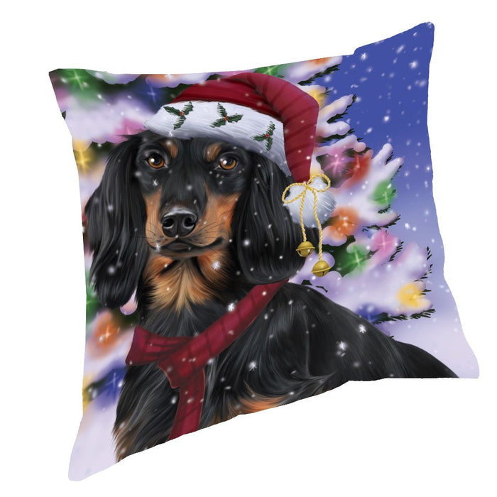 Winterland Wonderland Dachshunds Dog In Christmas Holiday Scenic Background Throw Pillow
