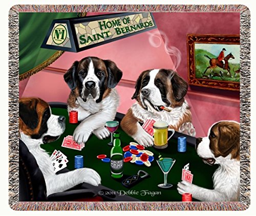 Saint Bernard Dogs Playing Poker Woven Throw Blanket 54 x 38