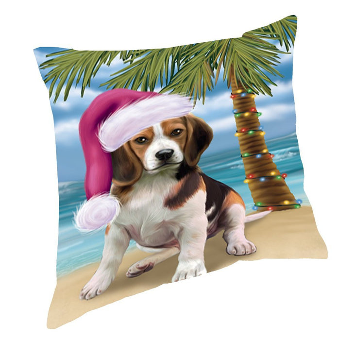 Summertime Happy Holidays Christmas Beagles Dog on Tropical Island Beach Throw Pillow