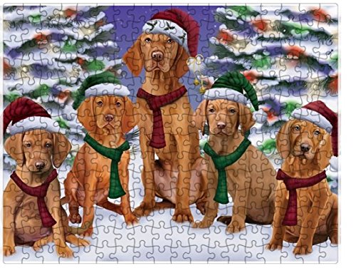 Vizsla Dog Christmas Family Portrait in Holiday Scenic Background Puzzle with Photo Tin (300 pc.)