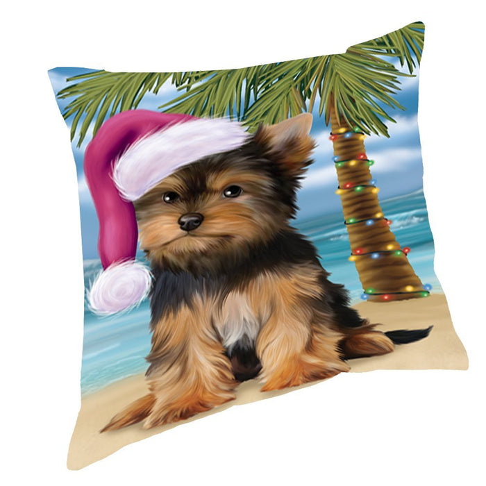 Summertime Happy Holidays Christmas Yorkshire Terriers Dog on Tropical Island Beach Throw Pillow