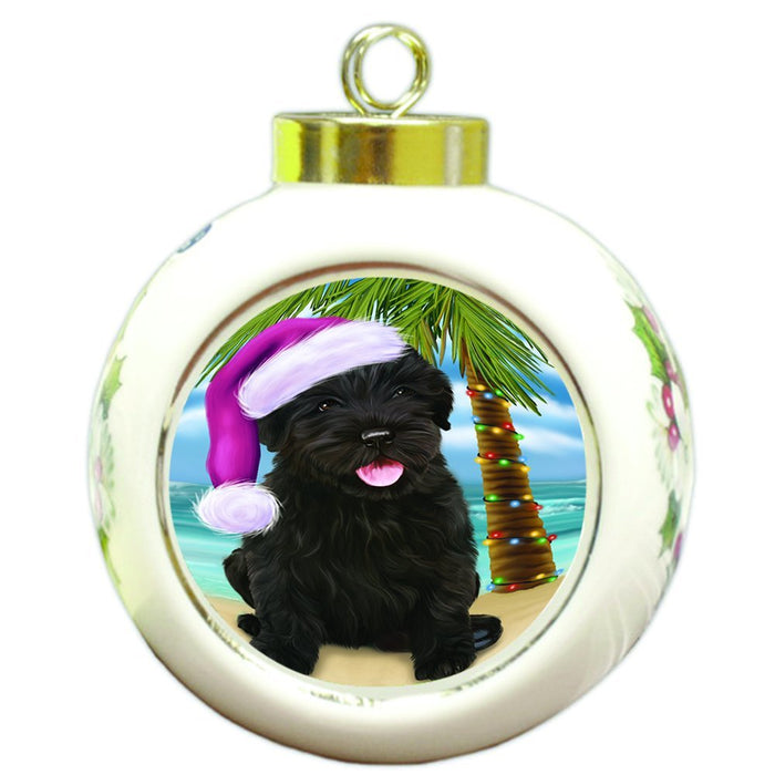 Summertime Happy Holidays Christmas Black Russian Terrier Dog on Tropical Island Beach Round Ball Ornament D503