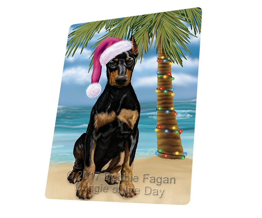 Summertime Happy Holidays Christmas Doberman Dog on Tropical Island Beach Tempered Cutting Board