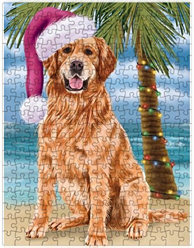 Summertime Happy Holidays Christmas Golden Retriever Dog on Tropical Island Beach Puzzle with Photo Tin