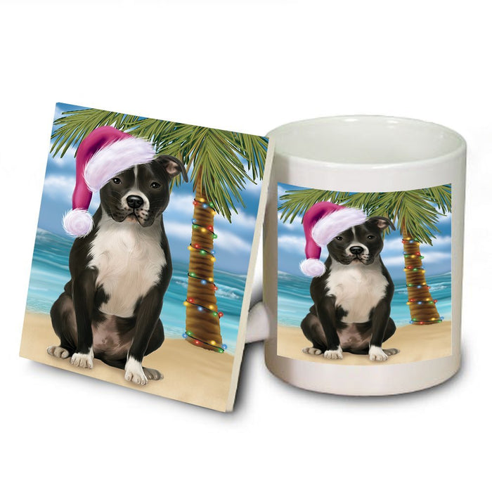 Summertime Pit Bull Dog on Beach Christmas Mug and Coaster Set MUC0661