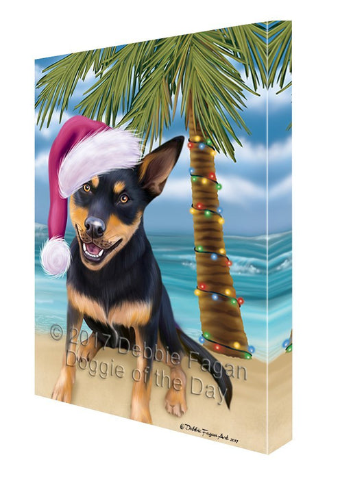 Summertime Happy Holidays Christmas Australian Kelpie Black And Tan Dog on Tropical Island Beach Canvas Wall Art D091