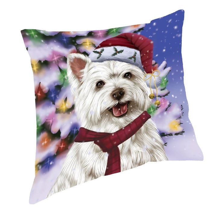 Winterland Wonderland West Highland Terriers Dog In Christmas Holiday Scenic Background Throw Pillow