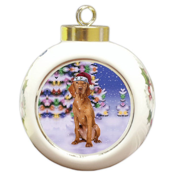 Winterland Wonderland Vizsla Dog In Christmas Holiday Scenic Background Round Ball Ornament