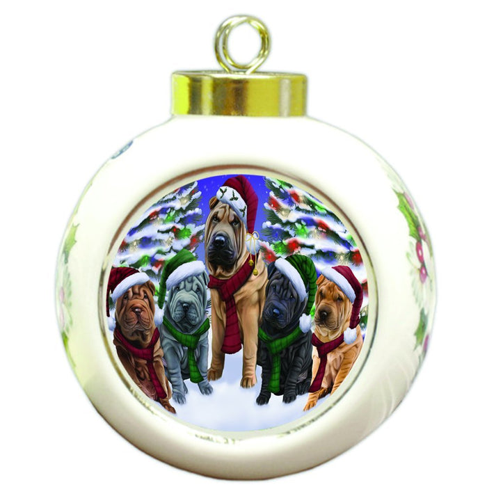 Shar Pei Dog Christmas Family Portrait in Holiday Scenic Background Round Ball Ornament D149