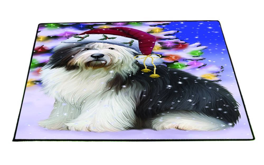 Winterland Wonderland Old English Sheepdog Dog In Christmas Holiday Scenic Background Indoor/Outdoor Floormat