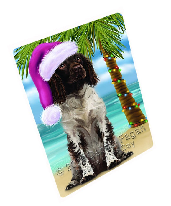 Summertime Happy Holidays Christmas Munsterlander Dog on Tropical Island Beach Tempered Cutting Board
