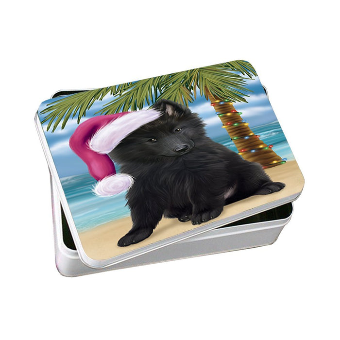 Summertime Happy Holidays Christmas Belgian Shepherds Dog on Tropical Island Beach Photo Storage Tin