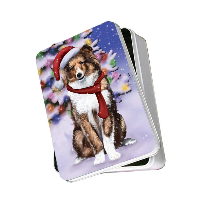 Winterland Wonderland Shetland Dog In Christmas Holiday Scenic Background Photo Storage Tin